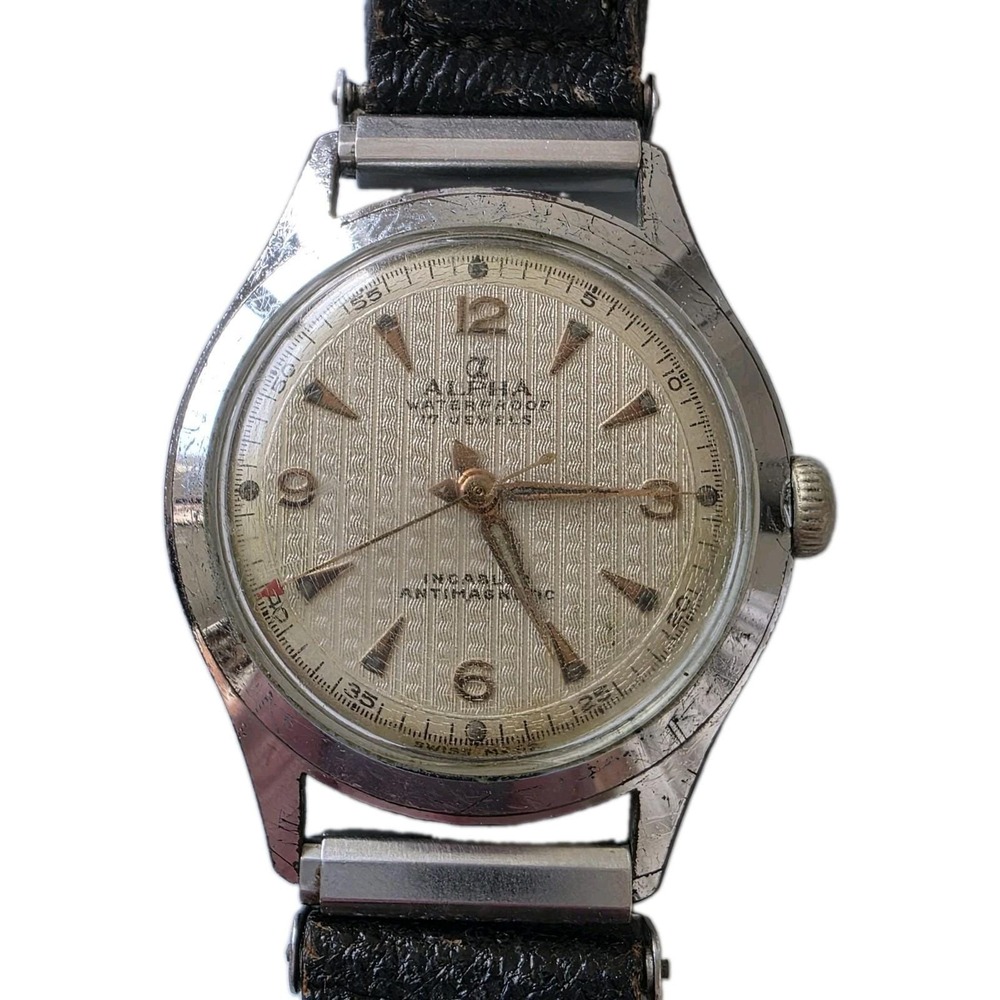 Vintage Alpha Swiss 17 Jewels Watch Textured Waffle Dial Incabloc Waterproof 50s